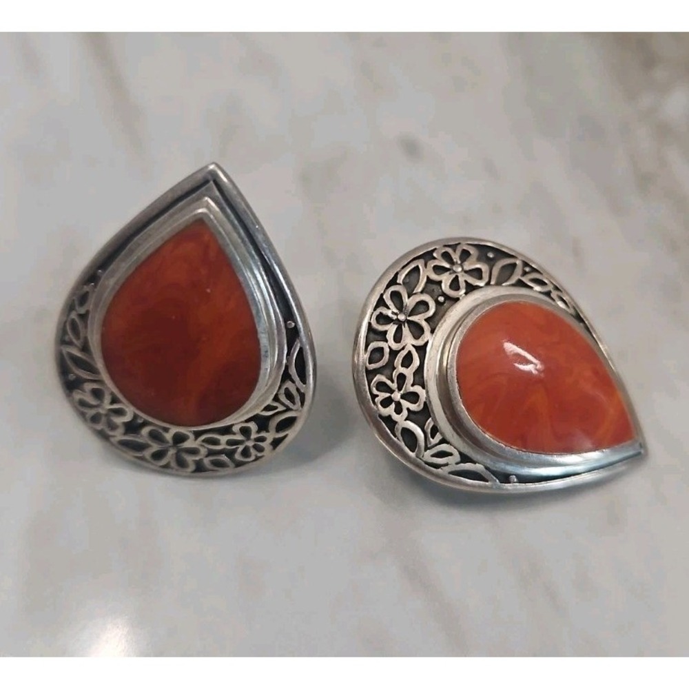 VINTAGE STERLING SILVER UNIQUE RED ORANGE Enamel Clip On EARRINGS 925